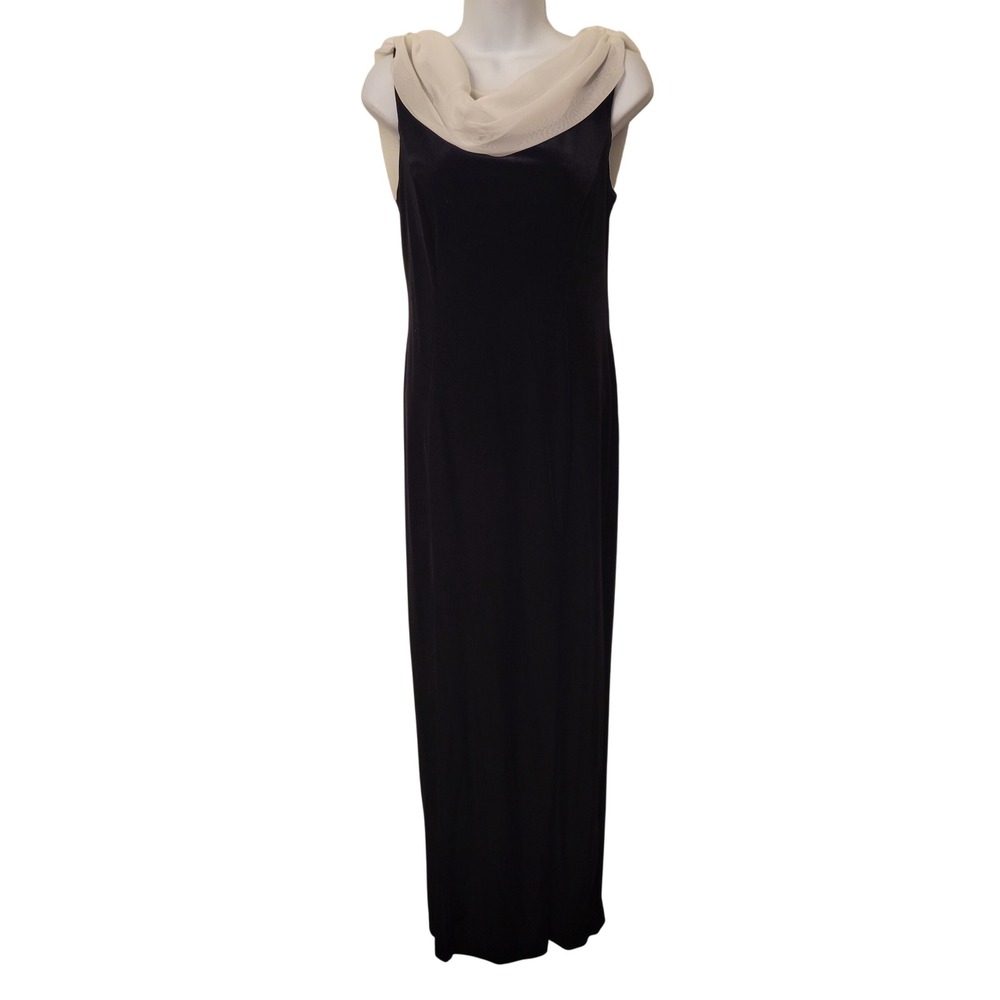 Elegant Black Maxi Dress Sheer White Drape‎ Rhinestone Bling Evening Formal